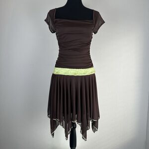 Y2K Ruched Fairycore Dress Sz Medium Lace Sequin Waist Ballet Grunge 90s Vintage